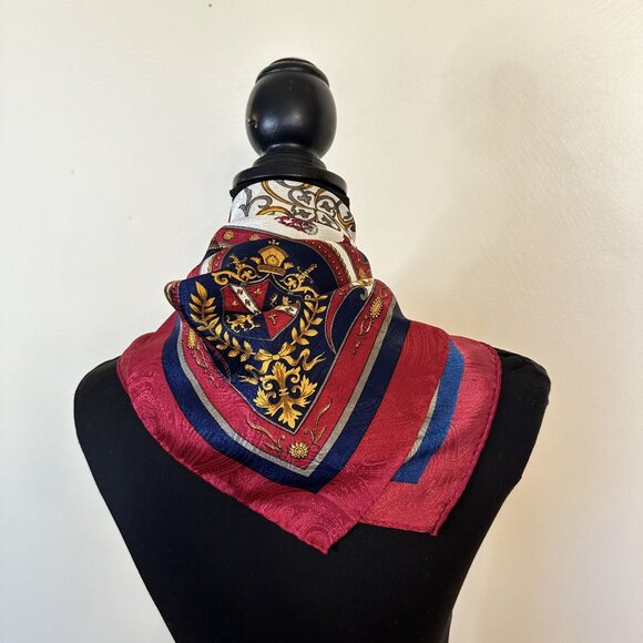 Vintage Womens Scarf Regal Heraldic Design Crests Red Navy Gold Korea 31 in - Picture 2 of 11
